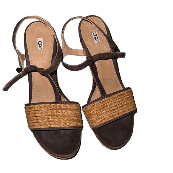Ugg Brown Leather and Straw Wedge Sandals Size 8.5 - Picture 1 of 5